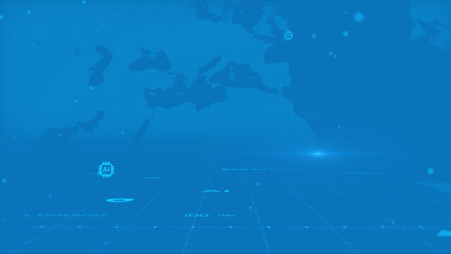 Futuristic Digital World Map with Blue Technology Grid Overlay
