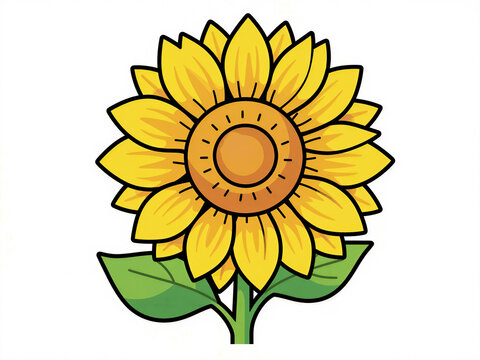 A stylized cartoon illustration of a yellow sunflower with green leaves on a white background.