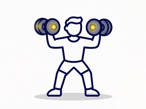 Linear icon of a man lifting heavy dumbbells for fitness workout.