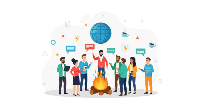 Diverse group of people gathered around a campfire discussing ideas with speech bubbles and a globe overhead, symbolizing global communication and collaboration.