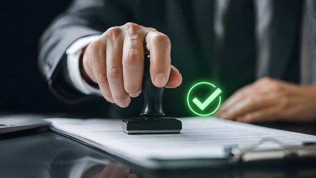 Business certification concept with corporate executive stamping document and glowing green checkmark hologram for official legal approval