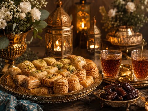 Mawlid al Nabi Sweets and Tea with Dates and Golden Lanterns on Festive Table