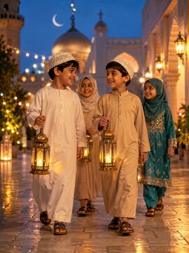 Muslim Children Carrying Lanterns for Mawlid al Nabi Celebration Outside a Mosque