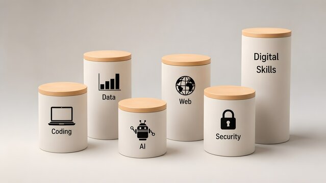 Digital skills progression concept with cylindrical containers displaying technology icons for coding data artificial intelligence and web security