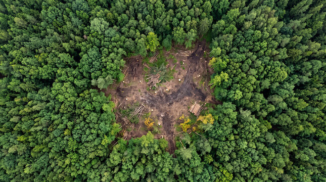 Aerial view of dense green forest with a small cleared logging area, showing deforestation impact and contrast between woodland canopy and bare ground