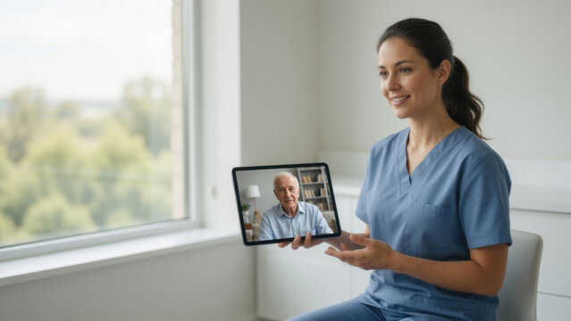 Telemedicine nurse tablet virtual consultation senior patient video call healthcare remote care medical technology online appointment Modern telemedicine nurse telemedicine online doctor concept
