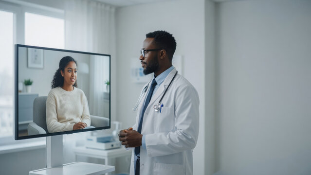 Video consultation telemedicine online healthcare remote doctor virtual visit african doctor female patient medical office digital screen modern clinic Remote telemedicine online doctor concept