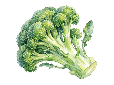 Watercolor illustration of a fresh green broccoli floret with textured leaves on white background broccoli vitamins