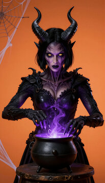 Dark fantasy witch casting spell with purple magic over cauldron