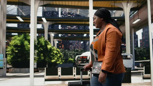 Woman carries a trolley through a bus terminal during an intercity journey; the African American traveler moves through the shuttle station with luggage.