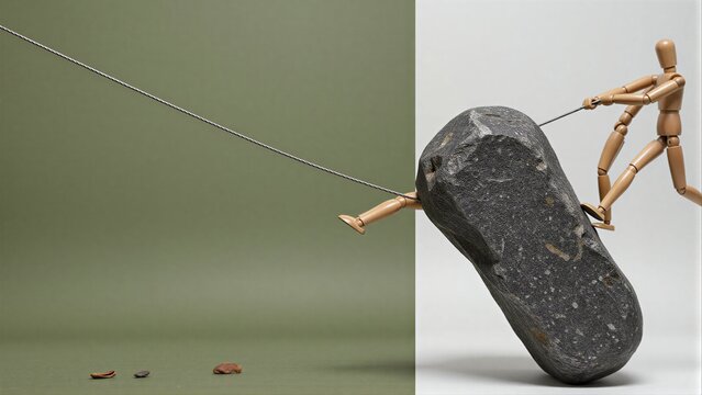 Two wooden figures pull a large rock, symbolizing teamwork and effort.