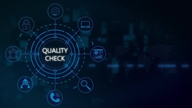 Check digital interface with global network business process optimization hud, corporate technology background, data verification and compliance concept