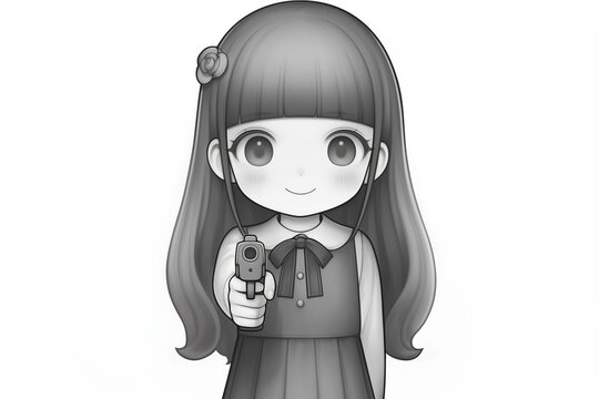 illustrated black and white manga woman with gun, grayscale chibi girl smiling with small pistol, illustration