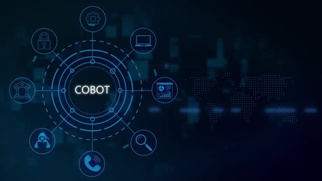 Cobot technology concept: digital interface with collaborative robot and global network connectivity