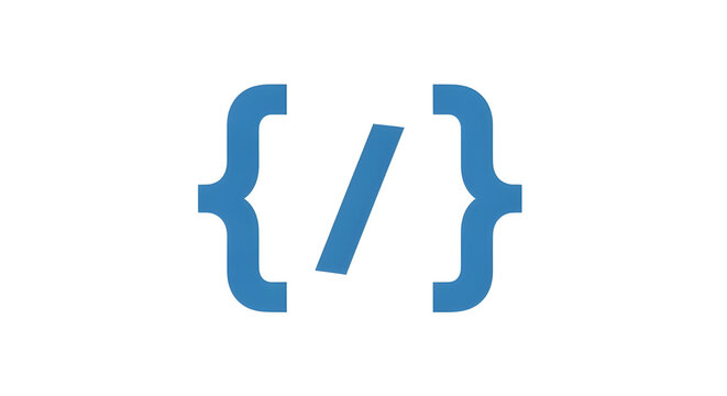 Programming code icon with curly braces and slash, blue software development symbol, minimalist web coding and script logo on white background