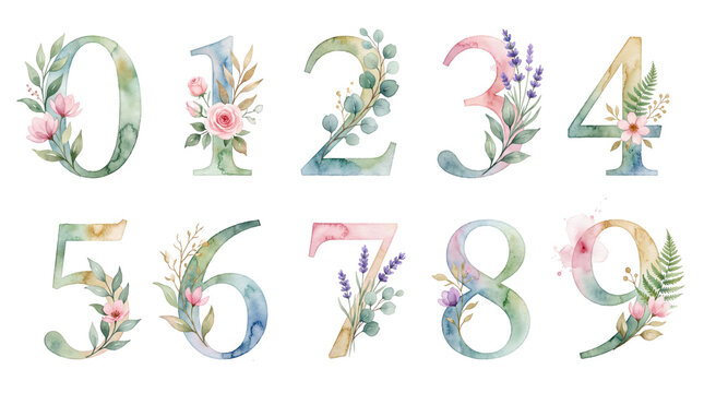 Set of numbers zero to nine decorated with hand painted watercolor flowers and leaves watercolor alphabet botanical