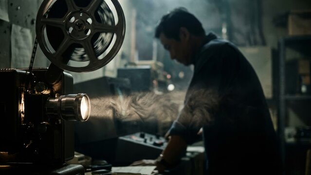 Entertainment - Asian projectionist operating vintage film projector in dark room