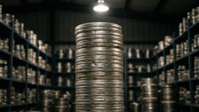 Entertainment - Tall stack of vintage metal film cans in a dark archive warehouse storage