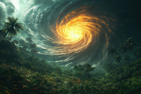 illustrated hurricane landscape, giant golden vortex above tropical forest, illustration