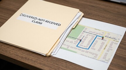Obraz premium Delivered-not-received Claim Folder Resting beside a Printed GPS Location Map | Delivery, Logistics & Claims Investigation Stock Photo