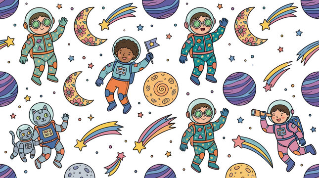 Cute astronaut pattern with planets and stars