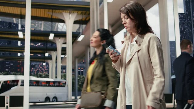 Woman holds a bus ticket and checks travel details on a smartphone; the passenger compares her boarding pass with departure information before the journey.