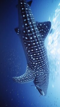 A massive whale shark Rhincodon typus swimming gracefully underwater with remora fish attached backlit by bright sunlight near the ocean surface