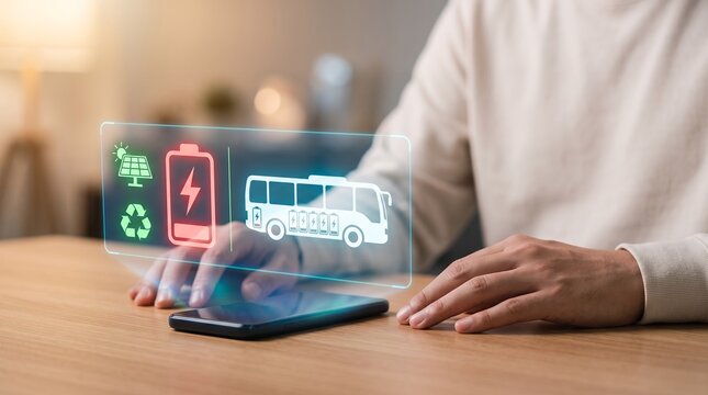 A person interacts with a futuristic interface displaying icons for a bus solar panel recycling and a battery symbol representing electric transport and sustainability electric bus