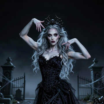 Gothic queen wearing spider crown in dark cemetery at night