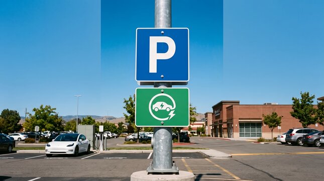 Parking sign for electric vehicles with a charging icon placed at a charging station in a sunny parking lot with cars and buildings electric car electricity automobile transport
