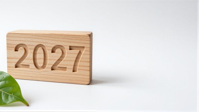 Wooden block with "2027" carved, green leaf beside it on white surface.