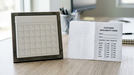 Obraz premium Dashboard Calendar Tile Resting Blank beside a Folded Customer Availability Form | Delivery, Logistics & Claims Investigation Stock Photo