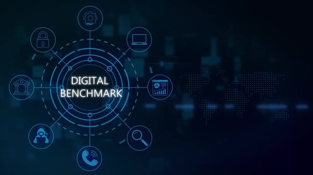 Digital benchmark hud interface with global network connectivity and business analytics technology