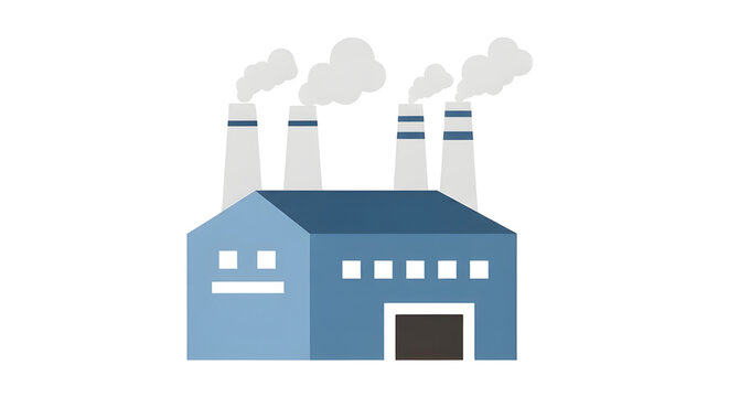 Industrial factory building with smoking chimneys, power plant facility icon, manufacturing warehouse with smoke stacks on white background