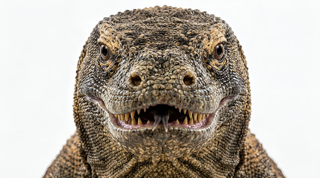Close up komodo dragon face sharp detail staring camera mouth open sharp teeth, rough scaly skin natural texture isolated white studio background