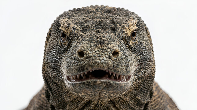 Close up komodo dragon face sharp detail staring camera mouth open sharp teeth, rough scaly skin natural texture isolated white studio background
