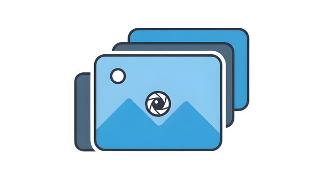 Blue folder icon with photo and camera lens. Stack of document files representing image gallery, digital archive, and database storage for web interface.
