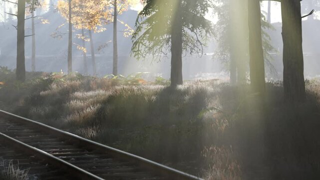 Light filters through trees in a forest area near train tracks. The ground is covered with grass and small plants, creating a natural landscape.