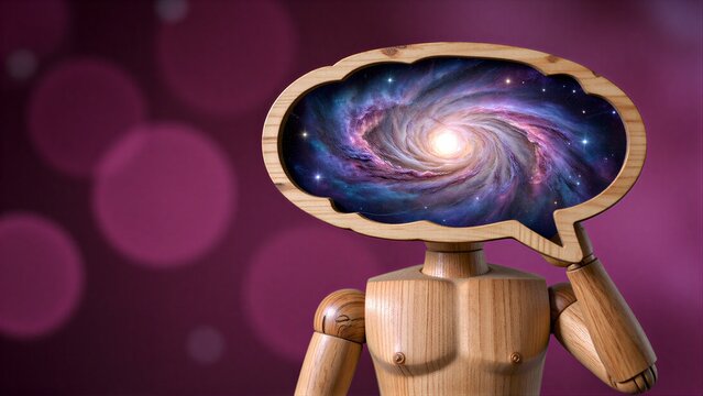 Wooden figure holds cosmic galaxy in thought bubble against purple bokeh background.