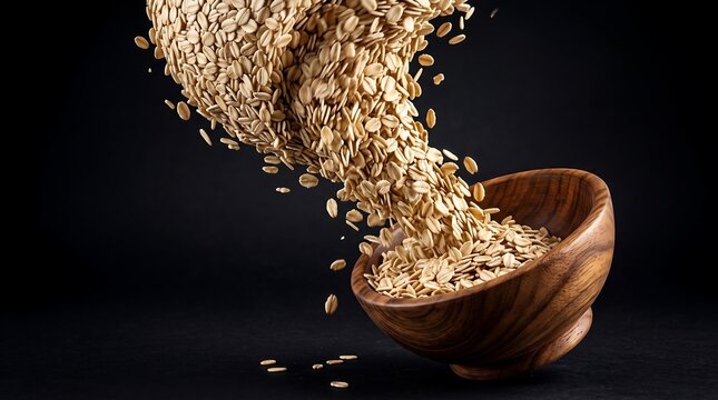 Oat flakes pouring into a wooden bowl on a black background