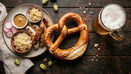 Naklejka premium Food - German pretzel with beer sausages and sauerkraut on dark wooden table