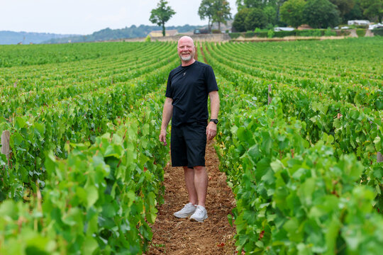 Middle‑aged man standing between rows of grapevines in Burgundy, France, enjoying an active vacation and the peaceful rural lifestyle of wine country.