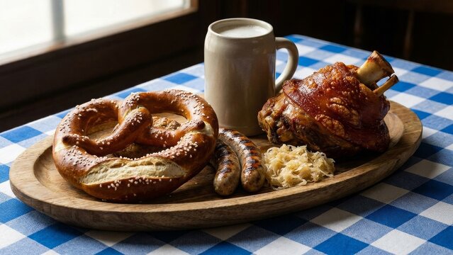 Food - German traditional feast with pork knuckle pretzel sausages and beer
