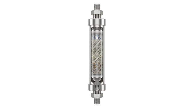 Detailed 3D Cross-Section of a Gel Permeation Chromatography (GPC) Column Separating Molecules Isolated on White