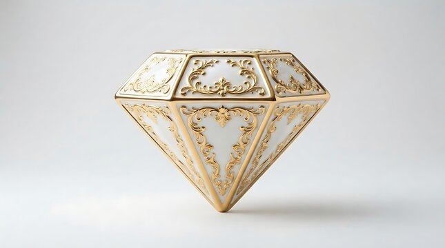 Diamond shaped ornament features intricate gold filigree detailing on a white enamel surface.