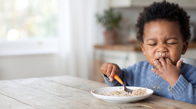 Cute messy Black toddler boy eating porridge at kitchen table
