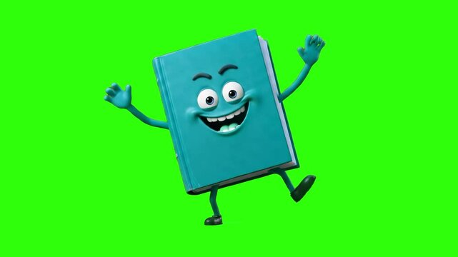 A friendly turquoise 3D textbook mascot with expressive eyes and a happy smile jumping excitedly on a green screen backdrop. Great for educational videos, library promos, literacy campaigns, and schoo