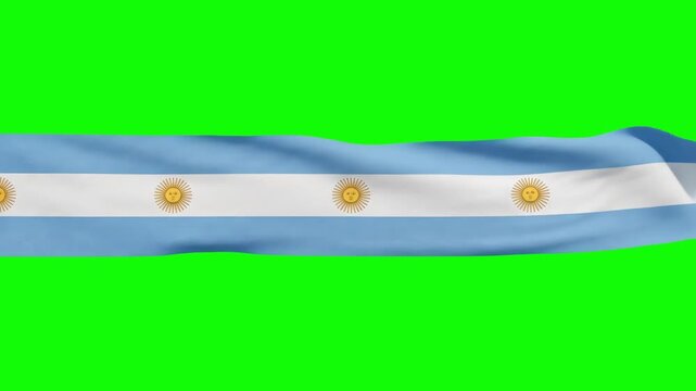 A horizontal ribbon pattern featuring the light blue and white Argentina flag with Sun of May emblems waving smoothly against a solid green screen keying background. Perfect for national day promos, i