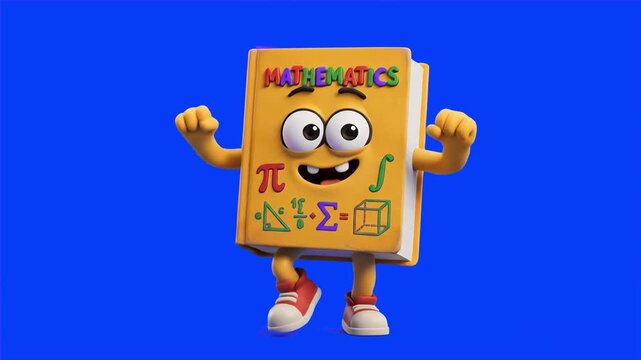 A cute 3D cartoon math book character with eyes, mouth, arms, and math symbols dancing happily against a solid blue backdrop. Ideal for educational children's videos, school promos, and back-to-school