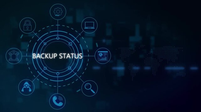 Backup status digital interface with hud network and global data connectivity animation security cyber